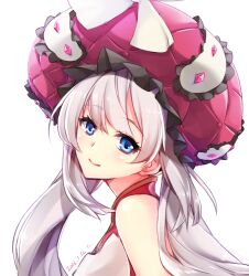 Rule 34 | 1girl, blue eyes, close-up, closed mouth, dated, dress, fate/grand order, fate (series), frilled headwear, from side, grey hair, hat, highres, ho-cki, large hat, long hair, looking at viewer, looking to the side, marie antoinette (fate), pink dress, pink gemstone, pink hat, sleeveless, sleeveless dress, smile, solo