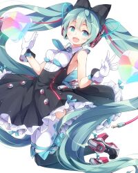 Rule 34 | 1girl, absurdly long hair, aqua hair, aqua necktie, black bow, black footwear, black skirt, blush, boots, bow, breasts, cable, collared shirt, commentary, cropped, double-parted bangs, framed breasts, frilled skirt, frills, gloves, hair between eyes, hair bow, hatsune miku, headphones, high-waist skirt, high heel boots, high heels, highres, knee boots, long hair, looking at viewer, magical mirai (vocaloid), magical mirai miku, magical mirai miku (2016), matsuuni, medium breasts, necktie, official alternate costume, open mouth, shirt, short necktie, skirt, sleeveless, sleeveless shirt, solo, suspender skirt, suspenders, thighhighs, thighhighs under boots, twintails, underbust, very long hair, vocaloid, w arms, white gloves, white shirt, white thighhighs