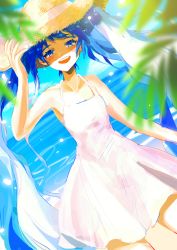Rule 34 | 1girl, absurdres, bare arms, bare shoulders, beach, blue eyes, blue hair, blue sky, blurry, blurry foreground, collarbone, dress, dutch angle, hand on headwear, hat, hatsune miku, highres, leaf, light blue hair, light particles, long hair, looking at viewer, ocean, open mouth, shimeji (user fkzg7225), sketch, sky, smile, solo, straw hat, sun hat, sundress, twintails, very long hair, vocaloid, white dress