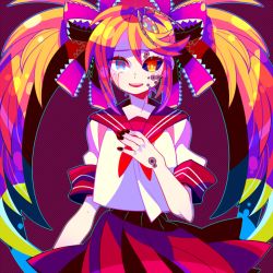 Rule 34 | 1girl, :d, bug, calne ca (deino), facial mark, hair ornament, hair ribbon, heterochromia, isopod, long hair, looking at viewer, lowres, multicolored hair, nail polish, nato-kun, open mouth, purple background, ribbon, school uniform, simple background, skirt, smile, solo, symbol-shaped pupils, twintails, very long hair, vocaloid, zippo (3756c)
