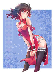Rule 34 | 1girl, absurdres, bare shoulders, black hair, blush, breasts, brown eyes, china dress, chinese clothes, cleavage, cleavage cutout, clothing cutout, covered navel, dress, frilled thighhighs, frills, gradient hair, highres, iesupa, leaning forward, limited palette, looking at viewer, medium breasts, multicolored hair, pelvic curtain, red hair, ruby rose, rwby, short hair, solo, standing, thighhighs, two-tone hair, wrist cuffs