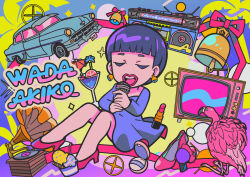 Rule 34 | 1girl, bare legs, bird, black hair, blue background, blunt bangs, bowl, car, character name, cinnamon stick, closed eyes, cloud, cocktail, cocktail glass, cocktail umbrella, cup, dress, drinking glass, earrings, flamingo, food, fruit, full body, high heels, holding, holding microphone, ice cream, jewelry, lemon, lemon slice, lipstick, long sleeves, makeup, microphone, motor vehicle, multicolored background, music, open mouth, palm tree, phonograph, picture frame, pink background, pink ribbon, pleated skirt, purple dress, purple sleeves, real life, red footwear, red lips, ribbon, short dress, short hair, singing, sitting, skirt, solo, sparkle, teeth, television, terada tera, tree, upper teeth only, wada akiko, yellow background