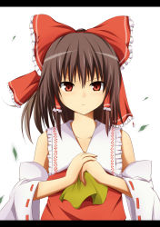 Rule 34 | 1girl, ascot, bad id, bad pixiv id, bow, brown eyes, brown hair, collarbone, commentary request, cracking knuckles, detached sleeves, hair bow, hair tubes, hakurei reimu, highres, hyurasan, japanese clothes, leaf, letterboxed, long hair, looking at viewer, miko, simple background, solo, touhou, white background, wide sleeves
