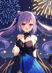 Rule 34 | 1girl, bare shoulders, black dress, blush, breasts, cleavage, dress, earrings, fireworks, genshin impact, hair ornament, highres, jewelry, keqing (genshin impact), keqing (opulent splendor) (genshin impact), looking at viewer, medium breasts, mirai (mirai76 ), night, night sky, open mouth, outstretched hand, purple eyes, purple hair, sky, solo, twintails