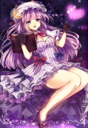 Rule 34 | 1girl, adapted costume, bare legs, black gloves, blush, book, bow, breasts, cleavage, crescent, gloves, gradient background, hair bow, hat, heart, high heels, long hair, md5 mismatch, open mouth, patchouli knowledge, purple eyes, purple hair, revision, smile, solo, touhou, ukita uuko