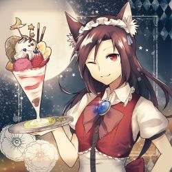 Rule 34 | 1girl, :3, ;), alternate costume, animal ears, argyle, banana, bow, brooch, brown hair, chocolate syrup, collar, collared shirt, crescent moon, enmaided, flower, food, frilled collar, frills, fruit, hand up, holding, holding tray, ice cream, imaizumi kagerou, jewelry, kaio (watagami), long hair, looking at viewer, maid, maid headdress, moon, night, night sky, one eye closed, puffy short sleeves, puffy sleeves, red eyes, serving, shirt, short sleeves, sky, smile, solo, sprinkles, star (sky), star (symbol), starry sky, strawberry, sundae, touhou, tray, upper body, vest, wing collar, wolf ears