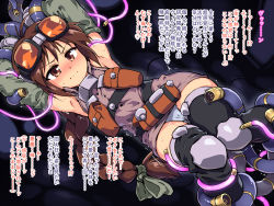 Rule 34 | 1girl, borrowed character, braid, brown eyes, brown hair, cable, commentary, commentary request, frown, glowing, goggles, goggles on head, long braid, original, panties, restrained, sex machine, stationary restraints, sweat, teeth, tomoshibi hidekazu, translation request, trembling, underwear