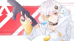 Rule 34 | 1boy, apex legends, assault rifle, black collar, blonde hair, character name, collar, collarbone, gun, hair ornament, highres, holding, holding gun, holding weapon, hood, hoodie, indie virtual youtuber, jewelry, male focus, multicolored hair, necklace, r-301 carbine, ranguage, reian, rifle, shirogane leo, shirt, short hair, smile, snake, solo, streaked hair, virtual youtuber, weapon, white background, white hair, white hoodie, yellow eyes, yellow shirt