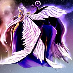 Rule 34 | 1girl, angel wings, aura, bare arms, blue dress, dress, gradient background, highres, light purple hair, long hair, looking away, nyago, profile, sariel (touhou), solo, space, staff, touhou, touhou (pc-98), very long hair, wings