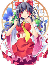 Rule 34 | 1girl, black hair, bow, breasts, detached sleeves, covered erect nipples, female focus, flower, gohei, hair bow, hakurei reimu, japanese clothes, mikan (bananoha), miko, red eyes, short hair, solo, touhou