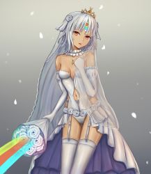 Rule 34 | 10s, 1girl, altera (fate), bad id, bad pixiv id, bare shoulders, blunt bangs, bouquet, breasts, bridal veil, bride, cleavage, collarbone, crown, dark-skinned female, dark skin, detached sleeves, fate/extella, fate/extra, fate/grand order, fate (series), feet out of frame, flower, full-body tattoo, hand on own chest, headdress, hokori sakuni, jewelry, legs, lingerie, looking at viewer, midriff peek, navel, necklace, open mouth, photon ray (fate), red eyes, short hair, simple background, socks, solo, tagme, tan, tattoo, thighhighs, thighs, tiara, underwear, veil, white hair