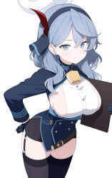 Rule 34 | 1girl, absurdres, ako (blue archive), bell, black gloves, black hairband, black thighhighs, blue archive, blue skirt, blush, breasts, clipboard, closed mouth, garter straps, gloves, grey eyes, grey hair, hairband, halo, hand on own hip, high-waist skirt, highres, holding, holding clipboard, jyt, large breasts, long hair, long sleeves, looking at viewer, neck bell, sideboob, sideless outfit, simple background, skirt, smile, solo, thighhighs, white background, zettai ryouiki