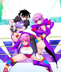 Rule 34 | 3girls, absurdres, blue eyes, blush, boots, breasts, cleavage, cleavage cutout, clothing cutout, elbow pads, fingerless gloves, gloves, hibino aki, highres, knee pads, leotard, multiple girls, one eye closed, original, pink hair, purple hair, red eyes, ryona, spread legs, submission hold, wince, wrestling, wrestling ring, yonecchi
