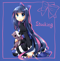 Rule 34 | 10s, 1girl, blue background, blue eyes, bow, character name, colored inner hair, hair bow, hazuki (sutasuta), honekoneko (psg), long hair, multicolored hair, panty &amp; stocking with garterbelt, pink hair, sitting, solo, stocking (psg), striped clothes, striped thighhighs, stuffed animal, stuffed cat, stuffed toy, thighhighs