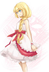Rule 34 | 00s, 1girl, alternate hairstyle, arms behind back, blonde hair, blue eyes, braid, colette brunel, colored eyelashes, dress, hair over shoulder, long hair, nagi mizuha, official alternate costume, own hands clasped, own hands together, smile, solo, tales of (series), tales of symphonia, white background