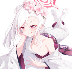 Rule 34 | 1girl, asymmetrical bangs, blue archive, blush, breasts, closed mouth, commentary, eyelashes, flashing, floral print, full body, halo, hand on own cheek, hand on own face, head wreath, highres, japanese clothes, kagami (galgamesion), kimono, kimono pull, licking lips, looking at viewer, lying, medium hair, mutsuki (blue archive), mutsuki (new year) (blue archive), nipples, no shoes, obi, official alternate costume, on stomach, one breast out, pulling own clothes, purple eyes, sash, simple background, single bare shoulder, small breasts, smile, smug, socks, solo, tongue, tongue out, untied obi, white background, white hair, white kimono, white socks