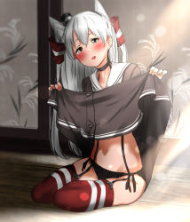 Rule 34 | 1girl, amatsukaze (kancolle), black panties, blush, brown dress, brown eyes, dress, floral print, hair between eyes, hair ornament, hair tubes, hat, highres, kantai collection, lifting own clothes, long hair, mini hat, navel, open mouth, panties, red thighhighs, sailor dress, school uniform, short dress, silver hair, sitting, solo, striped clothes, striped thighhighs, tama (tamago), thighhighs, two side up, underwear, wariza