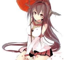 Rule 34 | 10s, 1girl, :t, bare shoulders, between thighs, breasts, brown eyes, brown hair, headgear, highres, kantai collection, large breasts, long hair, looking at viewer, miniskirt, nao (qqqbb), oil-paper umbrella, pleated skirt, pout, sitting, skirt, solo, umbrella, v arms, very long hair, white background, yamato (kancolle)