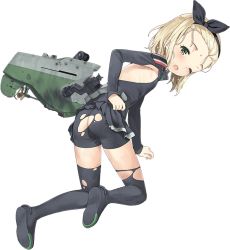 Rule 34 | 1girl, ass, backless outfit, bike shorts, black hairband, black skirt, black thighhighs, blonde hair, full body, green eyes, hairband, jiji (aardvark), kantai collection, looking back, luigi torelli (kancolle), medium hair, microskirt, official art, one eye closed, pleated skirt, shorts, skin tight, skirt, sleeveless, solo, thighhighs, torn clothes, torn shorts, torn skirt, torn thighhighs, transparent background, uit-25 (kancolle)