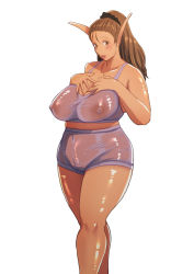 Rule 34 | 1girl, breasts, brown hair, elf, large breasts, long ears, long hair, nipples, pointy ears, ponytail, see-through, shiny skin, shorts, solo, standing, supi (inner map), thick thighs, thighs, transparent