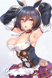 Rule 34 | 1girl, absurdres, animal ears, armpits, arms up, belt, black hair, black ribbon, blue eyes, breasts, brown belt, cleavage, collar, commentary, corset, cowboy shot, detached sleeves, dirndl, eishin flash (umamusume), eyelashes, frilled skirt, frills, german clothes, glint, grey background, hair between eyes, hair ribbon, highres, horse ears, horse girl, large breasts, looking at viewer, o-ring, open mouth, purple skirt, rabbit pose, rainbow, red collar, ribbon, short hair, silly (marinkomoe), simple background, skirt, solo, striped clothes, striped skirt, twitter username, umamusume, underbust, vertical-striped clothes, vertical-striped skirt