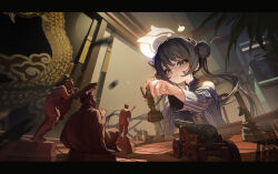 1girl black_dress black_hair blue_archive blue_coat board_game cannon ceiling_light chess chess_piece chessboard china_dress chinese_clothes choppy_bangs coat double_bun dragon_print dress grey_eyes hair_bun halo han_keshi_chao_mang_de highres holding_chess_piece kisaki_(blue_archive) knight_(chess) long_hair mural plant potted_plant siblings sidelocks striped striped_coat twins very_long_hair