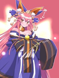 Rule 34 | 1girl, animal ear fluff, animal ears, bell, bow, breasts, choker, cleavage, commentary request, fate/extra, fate/extra ccc, fate (series), fox ears, glowing tail, hair bell, hair between eyes, hair bow, hair ornament, japanese clothes, kimono, long hair, long sleeves, looking at viewer, medium breasts, multiple tails, obi, off shoulder, official alternate costume, pink background, pink hair, rice (plant), sako (bosscoffee), sash, smile, solo, tail, tamamo (fate), tamamo no mae (fate/extra), tamamo no mae (third ascension) (fate), very long hair, wide sleeves, yellow eyes