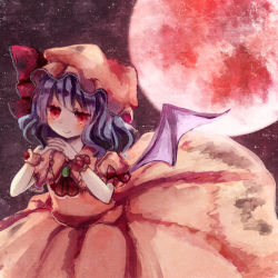 Rule 34 | 1girl, ascot, bat wings, blue hair, blush, bow, female focus, hat, hat ribbon, hatasan, jewelry, moon, red eyes, red moon, remilia scarlet, ribbon, short hair, smile, solo, touhou, wings, wrist cuffs