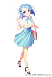 Rule 34 | 1girl, bag, blue eyes, blue hair, blue ribbon, blue skirt, character request, closed mouth, commentary request, ear ornament, full body, gothic wa mahou otome, high heels, highres, jenevan, looking at viewer, official art, puffy sleeves, pumps, ribbon, shirt, short hair, short sleeves, shoulder bag, simple background, skirt, smile, solo, watermark, white background, white shirt