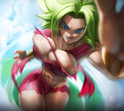 Rule 34 | 1girl, absurdres, battle, blue eyes, blue sky, breasts, cleavage, cloud, crop top, dragon ball, dragon ball super, earrings, elite nappa, green hair, grin, highres, incoming attack, jewelry, kefla (dragon ball), large breasts, looking at viewer, muscular, muscular female, open mouth, potara earrings, pov, sky, smile, solo, spiked hair, super saiyan, sweat, torn clothes