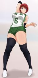 Rule 34 | 1girl, :o, arm up, armpits, bloomers, blue eyes, breasts, highres, medium breasts, red hair, sak1023, solo, sportswear, thick thighs, thighhighs, thighs, underwear, volleyball uniform