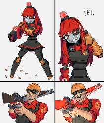 Rule 34 | 1boy, 1girl, 4koma, :d, android, checkered trim, comic, cross-shaped pupils, engineer (tf2), facial hair, fewer digits, full body, gameplay mechanics, goggles, grin, gun, hard hat, helmet, highres, implied murder, long hair, mecha musume, mimi-sentry, mlnlspartan, no feet, open mouth, personification, prosthesis, prosthetic hand, red engineer (tf2), red hair, sharp teeth, shell casing, shotgun, simple background, smile, stubble, symbol-shaped pupils, team fortress 2, teeth, thumbs up, upper body, weapon, white background