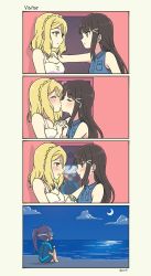 Rule 34 | 10s, 3girls, 4koma, after kiss, against wall, aqua eyes, bare arms, bare shoulders, beach, black hair, blonde hair, blue hair, blush, bodysuit, braid, caught, cheating (relationship), closed eyes, cloud, collared shirt, comic, couple, crescent moon, crown braid, diving mask, diving suit, dress, eye contact, female focus, goggles, green eyes, hair ornament, hair rings, hairclip, heart, highres, hime cut, holding hands, horizon, interlocked fingers, kabedon, kiss, kurosawa dia, long hair, looking at another, love live!, love live! school idol project, love live! sunshine!!, matsuura kanan, moon, multiple girls, netorare, night, night sky, ocean, ohara mari, open mouth, outdoors, pas (paxiti), ponytail, purple hair, sand, serious, shadow, shirt, short hair, sky, sleeveless, sleeveless shirt, smile, snorkel, star (sky), starry sky, upper body, walk-in, water, wetsuit, white dress, yellow eyes, yuri