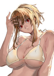 Rule 34 | 1girl, adjusting hair, bikini, breasts, brown hair, cleavage, covered erect nipples, frown, hand in own hair, hand up, head tilt, high ponytail, large breasts, long hair, looking at viewer, original, ponytail, ran&#039;ou (tamago no kimi), red eyes, short ponytail, sideboob, sidelocks, simple background, sketch, solo, swimsuit, underboob, upper body, white background, white bikini, wide hips