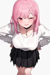 Rule 34 | 1girl, absurdres, black choker, black skirt, bluefield, blunt bangs, blush, choker, hands on own hips, highres, hololive, hololive english, long hair, looking at viewer, mori calliope, one eye closed, open mouth, pink hair, red eyes, shirt, skirt, smile, solo, virtual youtuber, white shirt