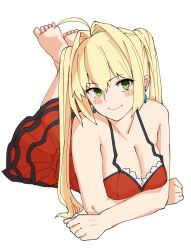 Rule 34 | 10s, 1girl, barefoot, blonde hair, blush, breasts, cleavage, closed mouth, earrings, fate/extra, fate (series), flat color, full body, green eyes, hair between eyes, hair intakes, jewelry, large breasts, long hair, looking at viewer, lying, michihasu, nero claudius (fate), nero claudius (fate) (all), nero claudius (swimsuit caster) (fate), official alternate costume, on stomach, one-piece swimsuit, red one-piece swimsuit, sidelocks, simple background, smile, solo, swimsuit, the pose, tsurime, twintails, white background