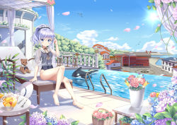 Rule 34 | 1girl, absurdres, barefoot, basket, blue eyes, blue hair, breasts, building, chair, chinese commentary, cloud, commentary request, covered navel, cup, drink, drinking glass, feet, flower, food, fruit, hat, highres, holding, holding own hair, horizon, hydrangea, ice, inflatable orca, inflatable toy, knee up, legs, lemon, long hair, okazakileo, one-piece swimsuit, outdoors, petals, ponytail, pool, poolside, sailor collar, school swimsuit, see-through, shirt, sigsbee (warship girls r), sitting, sky, smile, solo, stuffed animal, stuffed toy, sun hat, swimsuit, table, teapot, teddy bear, thighs, toes, unworn headwear, warship girls r, water, white hat