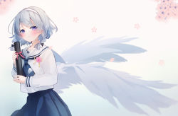 Rule 34 | 1girl, blue neckwear, blue skirt, blush, braid, closed mouth, commentary request, feathered wings, flower, grey hair, grey wings, hairband, holding, looking at viewer, low wings, petals, pink flower, pink rose, pleated skirt, purple eyes, rose, sailor collar, school uniform, serafuku, shirt, skirt, skycolor project, smile, solo, suzumori uina, tube, twin braids, usuwa suu, virtual youtuber, white hairband, white sailor collar, white shirt, wings