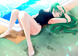 Rule 34 | 1girl, absurdres, arm above head, arm up, bare arms, barefoot, black one-piece swimsuit, breasts, feet, full body, green eyes, green hair, grin, hair over face, head tilt, high ponytail, highleg, highleg swimsuit, highres, higurashi no naku koro ni, knees up, large breasts, legs, long hair, looking at viewer, lying, mirukixtotoko, name tag, on back, one-piece swimsuit, open mouth, parted bangs, ponytail, pool, poolside, school swimsuit, sidelocks, smile, solo, sonozaki mion, swimsuit, toenails, toes, water, wet, wet clothes, wet floor, wet hair, wet swimsuit