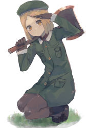 Rule 34 | 1girl, absurdres, axe, beret, black footwear, black gloves, black pantyhose, blonde hair, boots, coat, fate/grand order, fate (series), full body, gloves, grass, green coat, green hat, hat, highres, holding, holding axe, long sleeves, looking at viewer, misaki nonaka, orange eyes, over shoulder, pantyhose, parted bangs, paul bunyan (fate), shading eyes, short hair, simple background, solo, squatting, white background