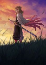 Rule 34 | 1boy, black jacket, black pants, blonde hair, blurry, blurry foreground, cape, closed mouth, dusk, forked eyebrows, from side, gradient sky, grass, highres, holding, holding sheath, holding sword, holding weapon, jacket, kimetsu no yaiba, long sleeves, looking at viewer, multicolored hair, orange hair, outdoors, pants, remsor076, rengoku kyoujurou, sheath, sheathed, sketch, sky, solo, sword, two-tone hair, weapon, white cape, yellow eyes