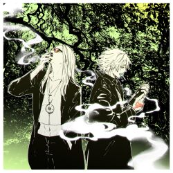 Rule 34 | 2boys, black jacket, black nails, blonde hair, candy, cigarette, coat, command spell, daybit sem void, fate/grand order, fate (series), food, gun, holding, holding gun, holding weapon, jacket, jewelry, jungle, lollipop, long hair, looking to the side, looking up, male focus, medallion, midriff, multiple boys, nature, navel, necklace, nobicco, open clothes, open jacket, orange-tinted eyewear, profile, shirt, short hair, smoke, smoking, sunglasses, tezcatlipoca (fate), tinted eyewear, trench coat, weapon, white shirt