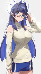 Rule 34 | 1girl, black-framed eyewear, blue eyes, blue hair, blue shorts, breasts, colored inner hair, commentary, detached sleeves, glasses, grey background, halo, highres, hololive, hololive english, large breasts, long hair, multicolored hair, ouro kronii, ouro kronii (casual), parted lips, reulem, shorts, simple background, solo, sweater, thighs, turtleneck, turtleneck sweater, two-tone hair, virtual youtuber, white sweater
