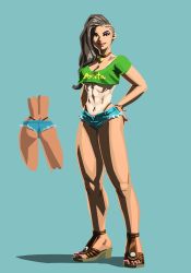 Rule 34 | 1girl, alternate costume, ass, back, bare legs, blue background, breasts, capcom, concept art, crop top, crop top overhang, female focus, full body, highres, laura matsuda, legs, long hair, looking at viewer, nail polish, no bra, official art, short shorts, shorts, simple background, smile, solo, street fighter, street fighter v, thong, underboob