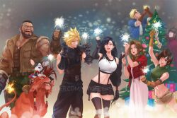 Rule 34 | 3girls, 5boys, aerith gainsborough, animal, armor, bare shoulders, barret wallace, black gloves, black hair, black skirt, black thighhighs, blonde hair, blue eyes, blue jacket, bracelet, breasts, brown gloves, brown hair, brown vest, cait sith (ff7), cat, christmas, christmas lights, christmas ornaments, christmas present, christmas tree, cid highwind, cigarette, clawed gauntlets, cloak, cloud strife, crop top, cropped jacket, cropped sweater, dark-skinned male, dark skin, dress, earrings, elbow gloves, facial hair, final fantasy, final fantasy vii, final fantasy vii remake, fingerless gloves, fireworks, gift, gloves, goggles, goggles on head, green eyes, hair behind ear, hair ribbon, hands up, happy, headband, holding fireworks, jacket, jewelry, large breasts, long hair, low-tied long hair, medium breasts, midriff, multiple boys, multiple girls, navel, one eye closed, open mouth, parted bangs, pink dress, pink ribbon, red cloak, red eyes, red headband, red jacket, red xiii, ribbon, short hair, shorts, shoulder armor, sidelocks, single earring, single sidelock, skirt, sleeveless, sleeveless turtleneck, small breasts, smile, sparkler, spiked hair, spykeee, standing, suspender skirt, suspenders, sweater, swept bangs, tank top, thighhighs, tifa lockhart, turtleneck, turtleneck sweater, twitter username, vest, vincent valentine, watermark, white tank top, yuffie kisaragi, zettai ryouiki