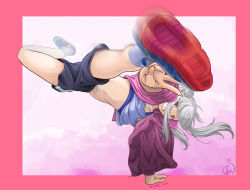 Rule 34 | 1girl, arashi chisato, artist name, artist request, bare legs, bare shoulders, black shorts, blue footwear, blush, border, breakdance, breasts, collarbone, double bun, female focus, floating hair, fragments of courage, full body, hair bun, hand stand, highres, hood, hooded jacket, hoodie, jacket, long hair, long sleeves, looking at viewer, love live!, love live! school idol festival, love live! superstar!!, parted lips, pink background, pink border, pink hoodie, pink jacket, red eyes, shirt, shoes, short shorts, shorts, small breasts, smile, sneakers, solo, tank top, teeth, twintails, v, wavy hair, white background, white hair, white shirt, white tank top, yuuki no kakera, yuuki no kakera (love live!)