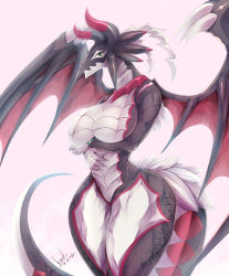 Rule 34 | 1girl, arms under breasts, black scales, black tail, black wings, breasts, cleavage, dragon, dragon girl, dragon horns, dragon tail, dragon wings, dragonmaid sheou, duel monster, furry, furry female, green eyes, highres, horns, house dragonmaid, k.nock, large breasts, looking at viewer, scales, tail, wings, yu-gi-oh!