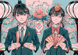 Rule 34 | 1boy, 1girl, absurdres, black hair, black headwear, blazer, blue background, blue jacket, blue neckwear, book, book stack, bow, bowtie, branch, cherry blossoms, chin strap, closed eyes, closed mouth, collared shirt, commentary, flower, folding fan, food, fruit, grey eyes, hair ornament, hair ribbon, hand fan, hands up, highres, holding, holding fan, jacket, lantern, long sleeves, looking at viewer, neck ribbon, necktie, original, peach, red ribbon, ribbon, saishi, school uniform, shirt, short hair, short twintails, smile, striped bow, striped bowtie, striped clothes, striped neckwear, sun, tassel, thick eyebrows, tomei ningen, twintails, upper body, vase, white flower, white shirt