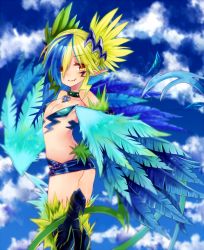 Rule 34 | 1girl, bad id, bad pixiv id, bare shoulders, blonde hair, blue hair, blush, breasts, facial mark, fang, feathers, flat chest, green hair, guiyu (cindy), hair ornament, hairclip, harpy, impossible clothes, leather, lightning bolt symbol, midriff, miniskirt, monster girl, monster girl encyclopedia, monster girl encyclopedia ii, multicolored hair, open mouth, petite, pointy ears, red eyes, skirt, small breasts, smile, solo, tail, talons, thunderbird (monster girl encyclopedia), twintails, winged arms, wings