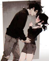 Rule 34 | 1boy, 1girl, andrew graves, artist name, ashley graves, black choker, black hair, black shirt, black sweater, breasts, brother and sister, brown pants, brown shorts, choker, cleavage, denim, feet out of frame, green eyes, hand up, jeans, kawacy, long sleeves, looking at another, low ponytail, open mouth, pants, pink eyes, shirt, short hair, shorts, siblings, smile, sweatdrop, sweater, the coffin of andy and leyley, torn clothes, torn jeans, torn pants